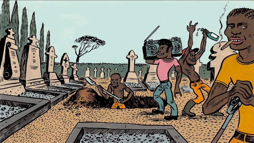 Comic: Schwarze heben ein Grab aus, hören Musik mit Ghettoblaster, rauchen, trinken.