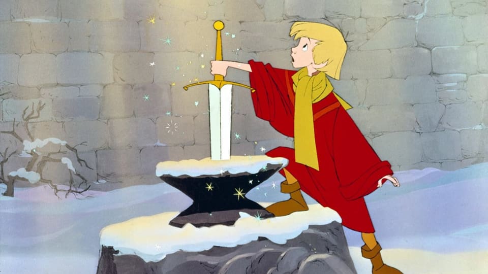 König Artus zieht ein Schwert aus dem Stein in einem Disney-Film.