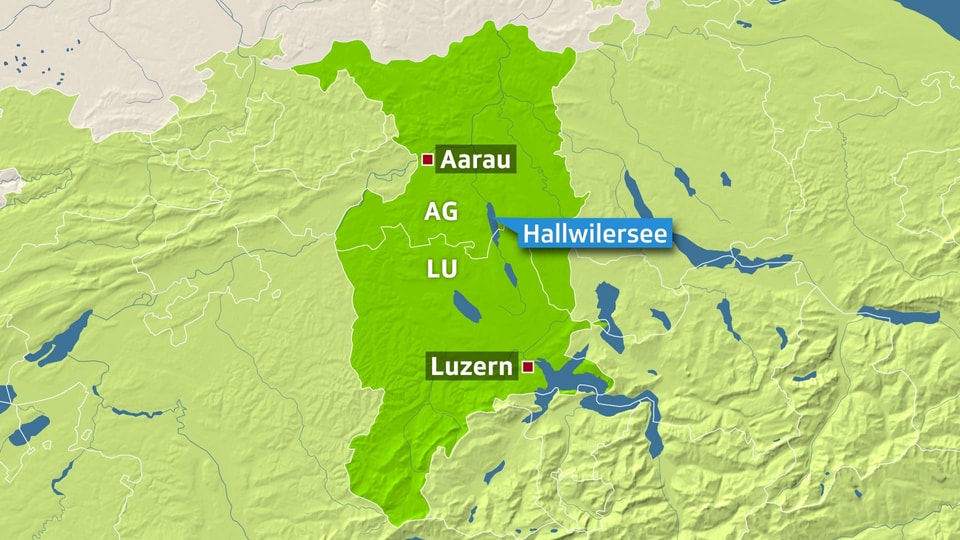 Karte auf der der Hallwilersee eingezeichnet ist. Ebenfalls markiert sind die Orte Aarau und Luzern. 