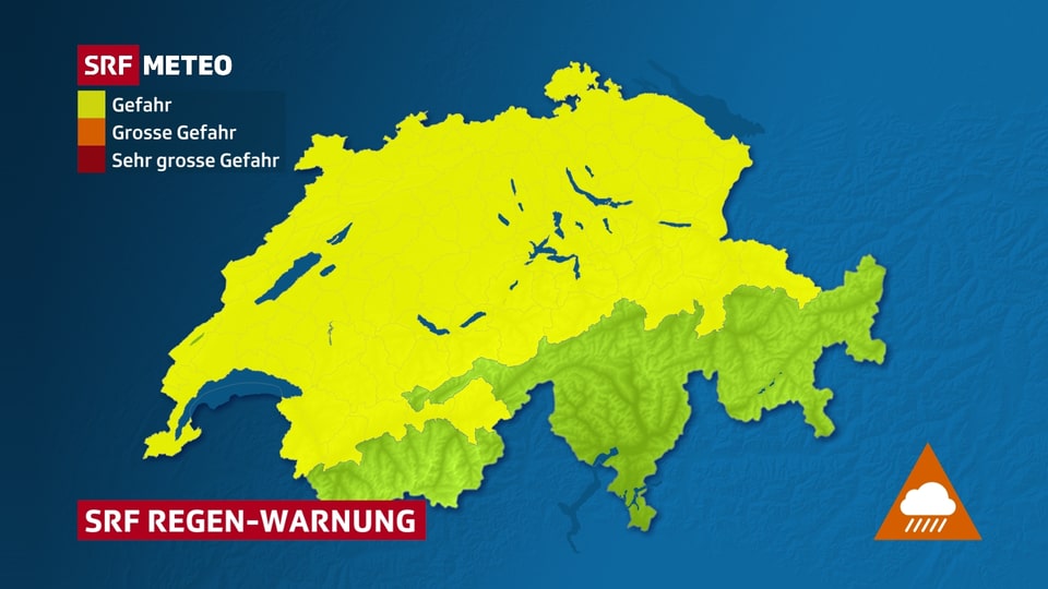 Die Schweizer Karte zeigt Regionen mit Regenwarnungen.