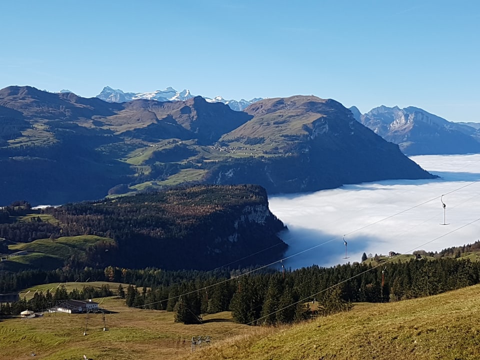 Nebelmeer, Die Nebeldecke hat den Talkessel Schwyz fest im Griff. Unten grau oben blau