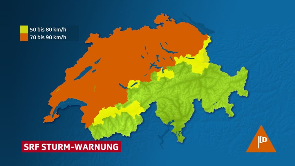 Eine Schweizerkarte. In orange ist die Zone mit Sturm eingezeichnet: Es ist die ganze Alpennordseite mit Teilen der Voralpen. 