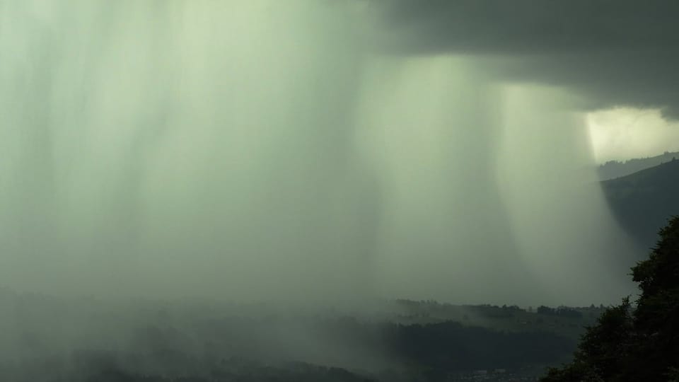 Regenvorhänge aus dunklen Gewitterwolken