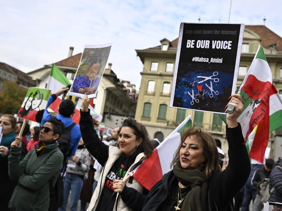 Menschen protestieren mit Plakaten und Iran-Fahnen.