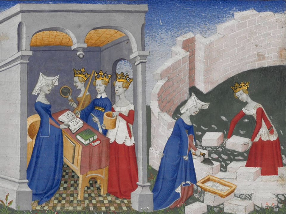 Mittelalterliche Illustration mit vier gekrönten Frauen in einem Raum und einer Szene im Freien.