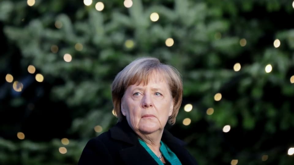 Symbolbild: Merkel von einem beleuchteten Tannenbaum