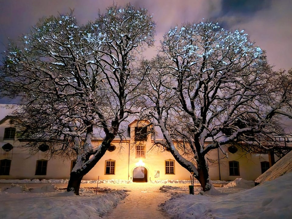 Snowy monastery with trees