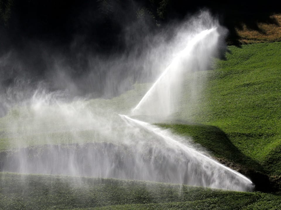 Bewässerungsanlage spritz Wasser auf ein grünes Feld.