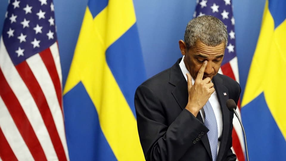 Obama an der Medienkonferenz in Stockholm.