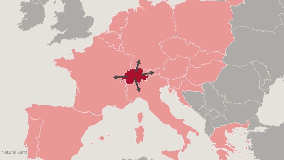 Die Karte zeigt die Karte von Europa mit rot eingefärbten Ländern. Diese gehören zum Schnengenraum.