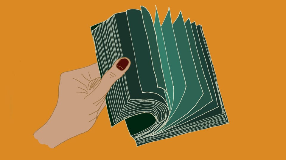Illustration einer Hand, die in einem Buch blättert.