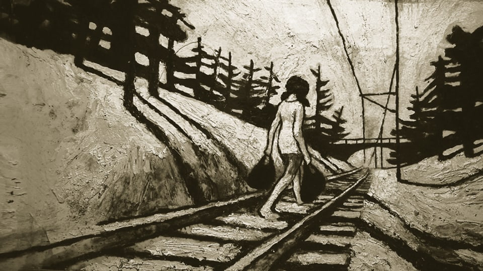 Zeichung: Ein Mädchen geht auf Bahngeleisen