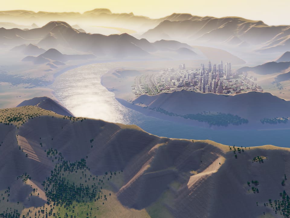 Ein Screenshot des Games «SimCity» zeigt eine Stadt in einer Hügellandschaft.