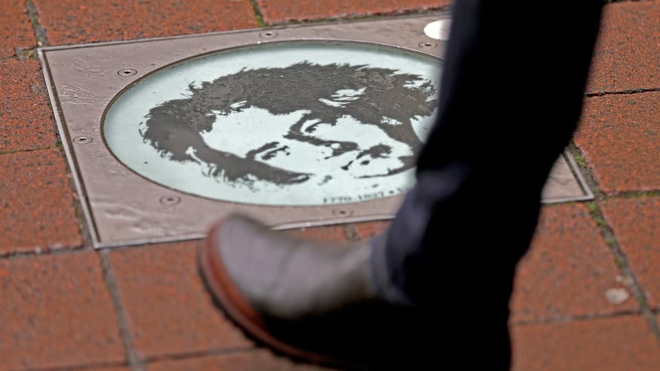 Auf einem brauen Plattenboden ist eine Foto von Ludwig van Beethoven montiert.