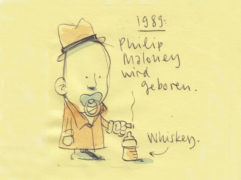 Ein gezeichneter Privat-Detektiv Philip Maloney mit Hut und Trenchcoat hält eine Zigarre. Zudem hat er einen Nuggi im Mund und eine mit Whiskey gefüllte Schoppenflasche neben sich stehen.