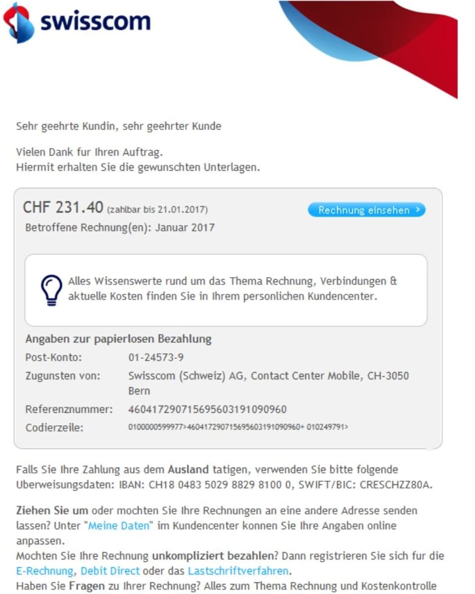 Gefälschte Swisscom-Rechnung, die im Februar im Umlauf war.