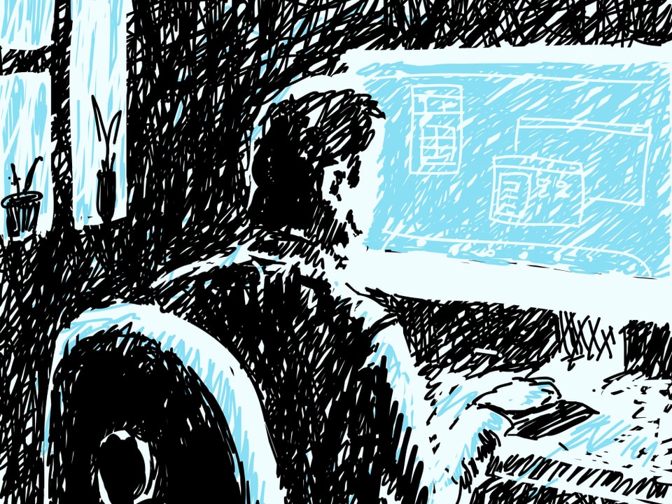 Illustration mit schnellen und groben Strichen. Eine Person sitzt an einem PC und hat verschiedene Fenster geöffnet.