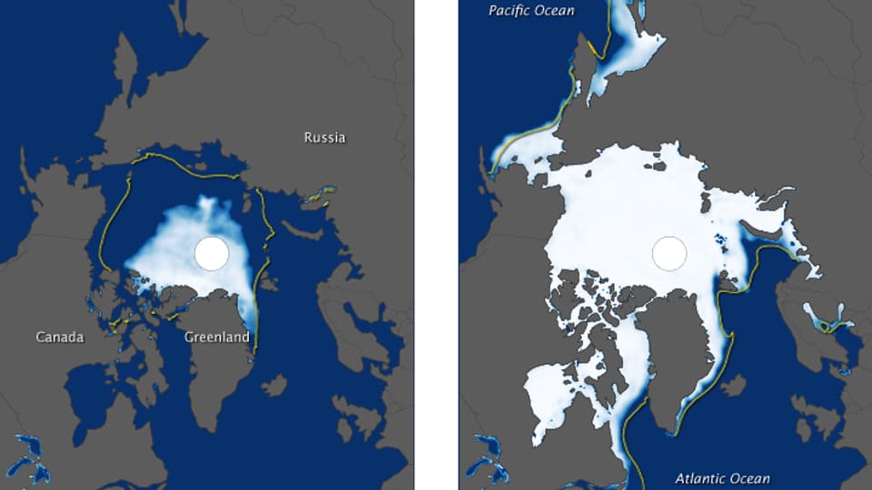 Zwei Bilder. Ein Bild zeigt die Eisausdehnung Ende Sommer 2012. Nur noch ein kleiner Teil der Arktis ist eisüberzogen. Das zweite Bild zeigt die Eisausdehnung ein halbes Jahr später, Ende Winter 2013. Die Eisdecke konnte sich flächenmässig zwar etwas erholen, kommt aber nicht an den 30-Jahre-Median heran.