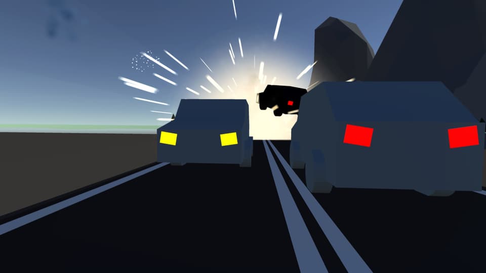 Spielgrafik: Zwei Autos fahren sich auf einer dunkeln Strasse entgegen. Im Hintergrund verunfallt ein drittes Auto.