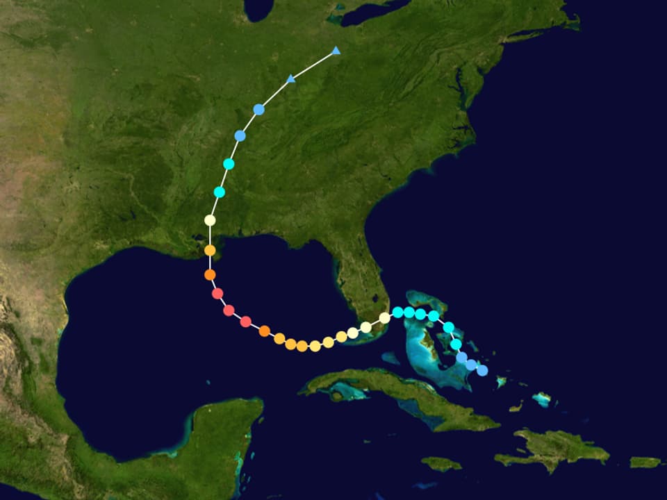 Eine Karte vom Golf von Mexiko und dem Osten der USA. Eingezeichnet die Zugbahn des Hurrikans.