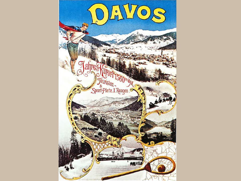 Plakat mit Schneelandschaft und einem Skifahrer.