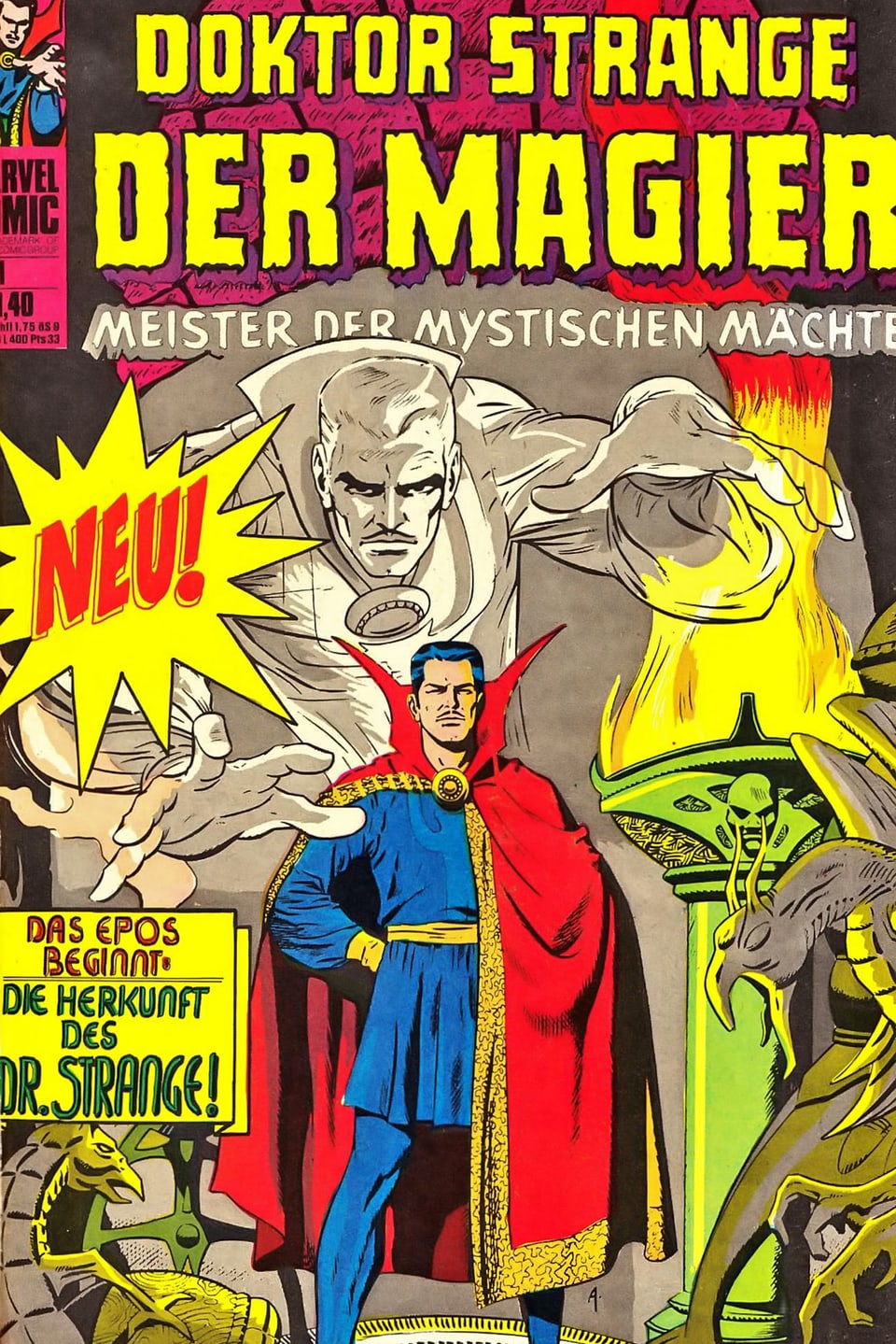 Titelblatt des Comics "Doktor Strange". Mann mit Umhang, hinter dem eine geisterhafte Figur aufsteigt.