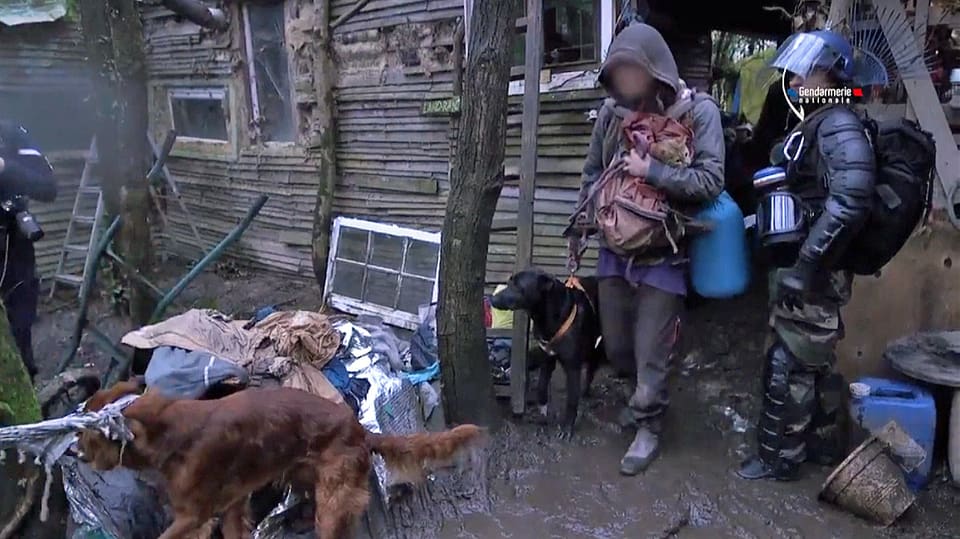 Ein Besetzer mit Hund und Katze verlässt seine Hütte.