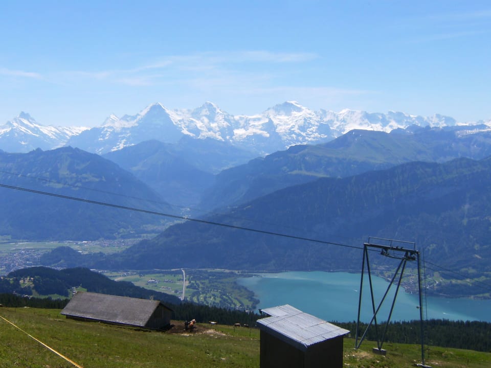 Blick von einem Aussichtspunkt auf See und Alpenkette.
