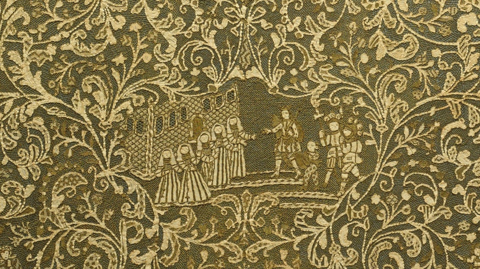 Spitzen-Textil mit Darstelllung von Figuren