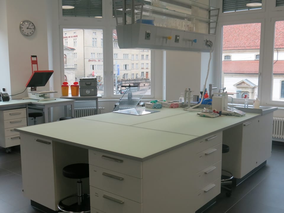 Ein Labor, in der Mitte ein Tisch, durch die Fenster sieht man die Freiburger Altstadt.