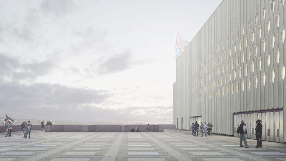 Visualisierung der Aussenfassade des neuen Eishockeystadions «Theatre of Dreams»