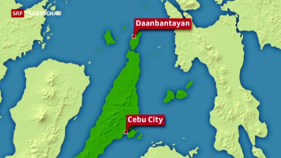 Karte der Insel Cebu mit den Städten Cebu City und Daanbantayan eingezeichnet.