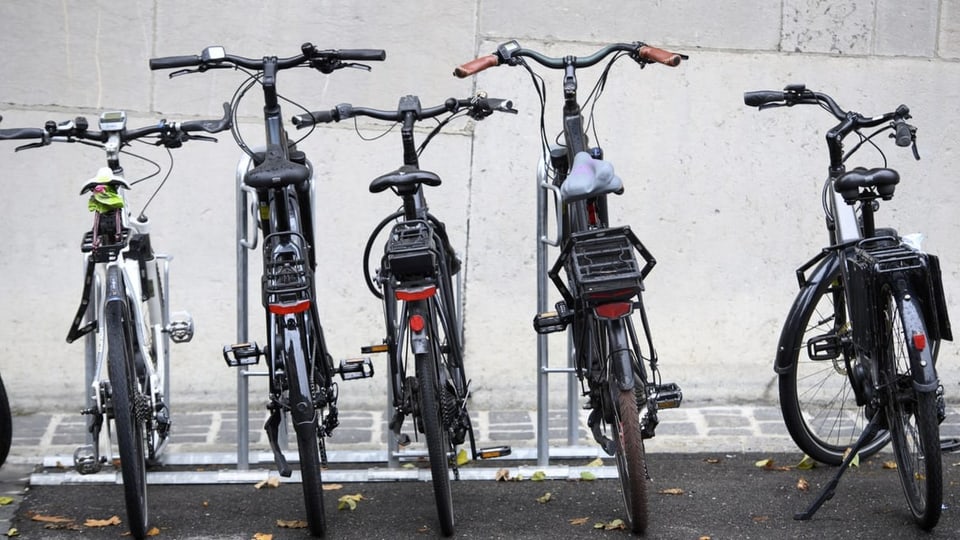 Fünf Fahrräder stehen in einem Fahrradständer.