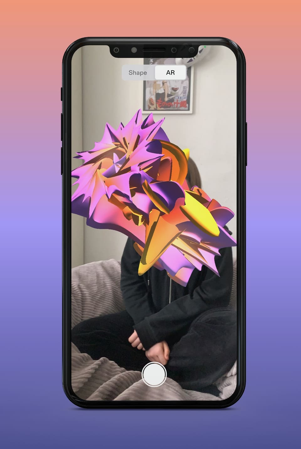 ein Handy mit Foto einer Person, über dem Kopf eine wirre Form aus Pink und Gelb. Hintergrund ist regenbogenfarbig.