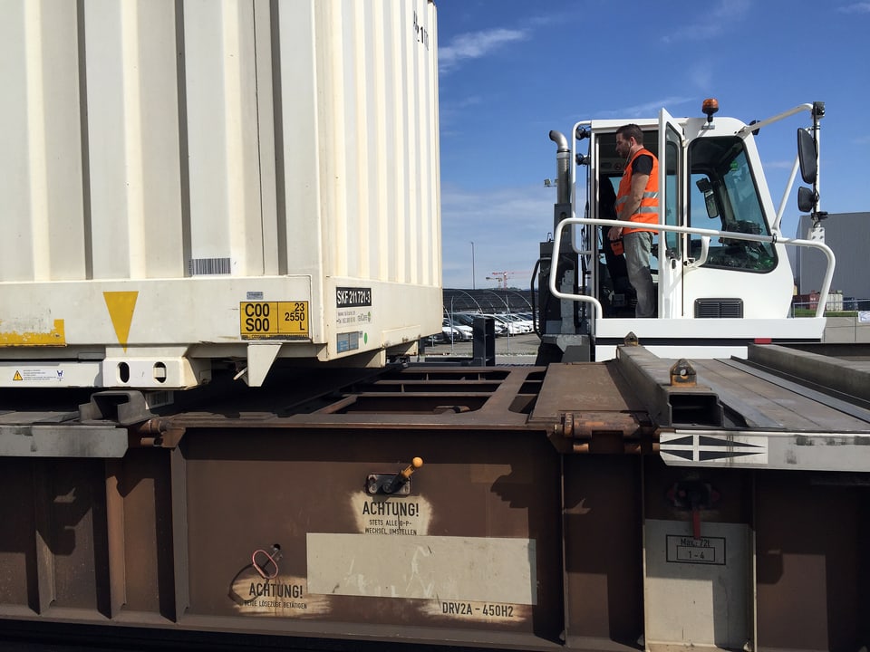 Container wird auf Güterbahn geladen