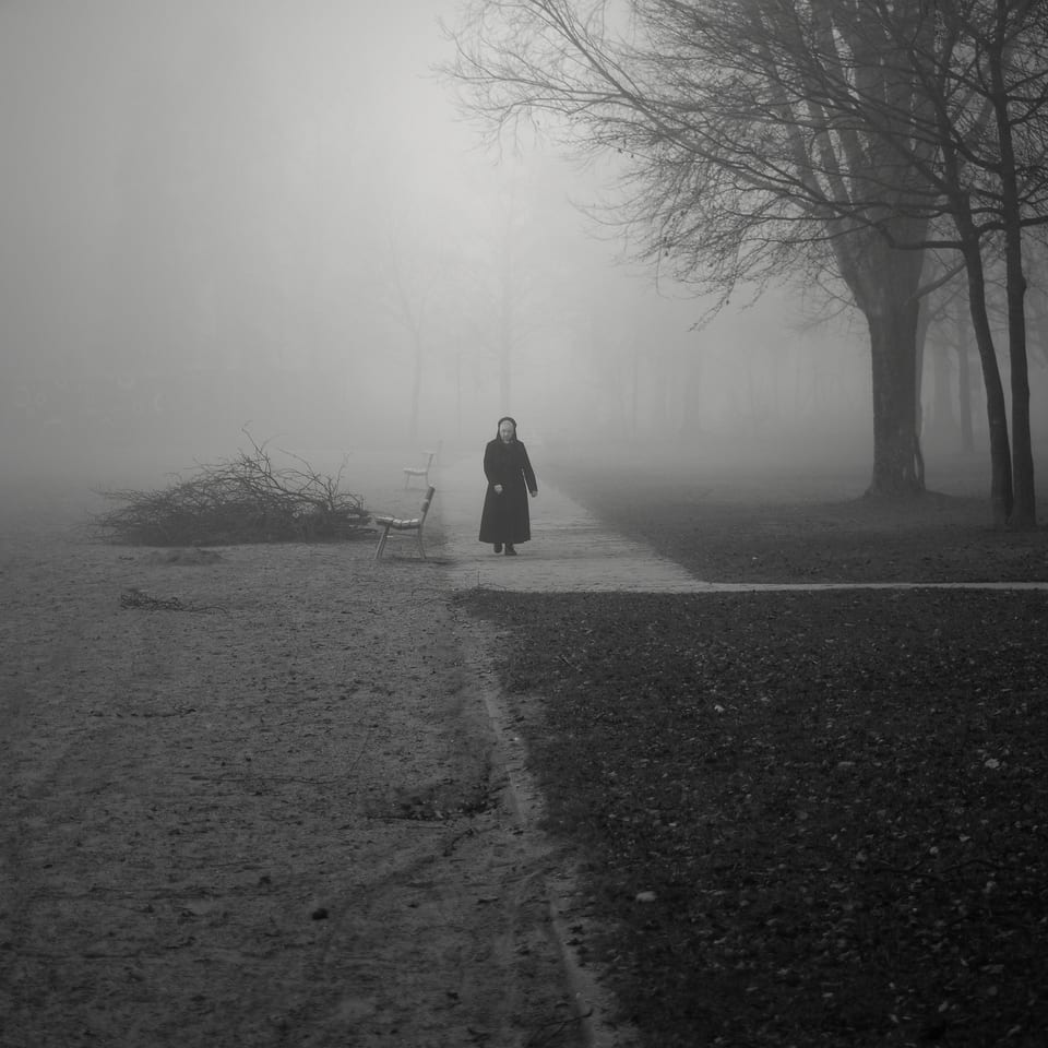 Schwarzweiss-Bild einer Frau, die durch den Nebel in einem Park geht.