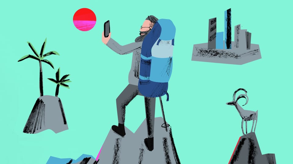Illutstration: Gottfried Keller wandert und schiesst ein Selfie auf einem Berg.