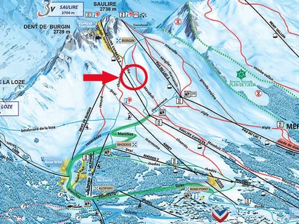 Das Skigebiet von Méribel mit einem roten Keis um die Unfallstelle von Michael Schumacher