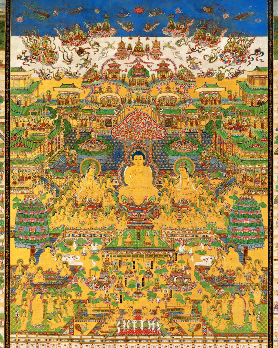 Kleinteiliges Gemälde mit zentraler Buddhafigur.