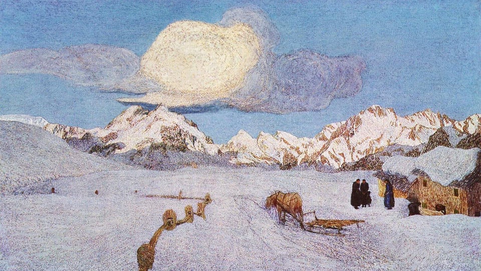 Bild einer verschneiten Landschaft mit Menschen vor einer kleinen Kirche.