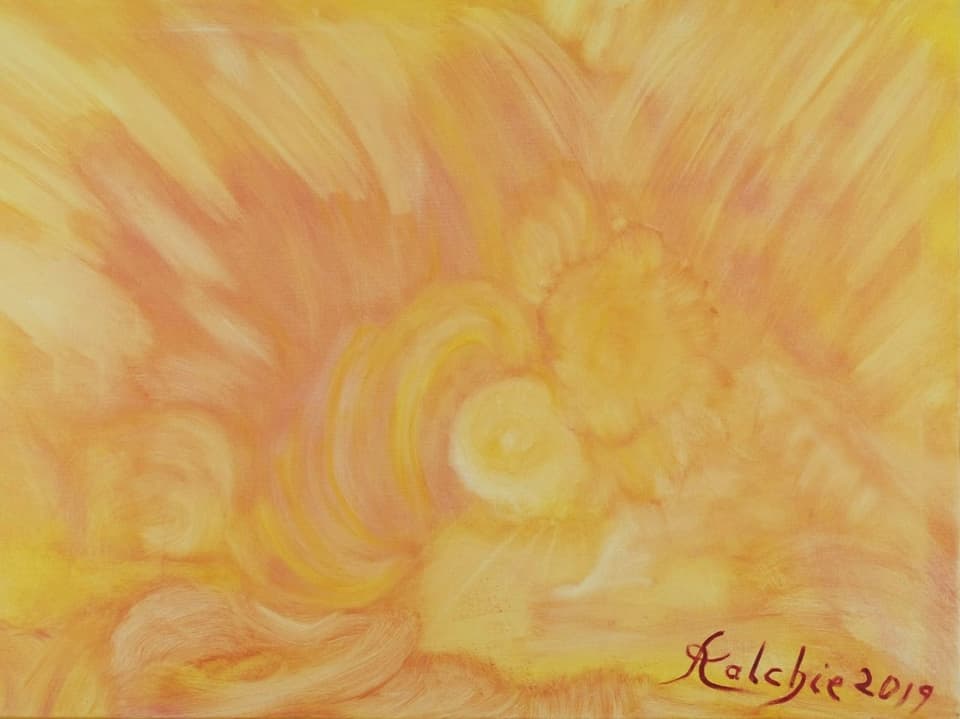 Gold-gelbes, abstraktes Ölgemälde der Künstlerin «Kalchie»