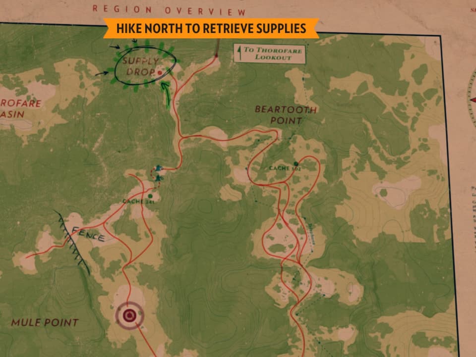 Eine Landschaftskarte mit der Aufgabe «Hike North to retrieve supplies»