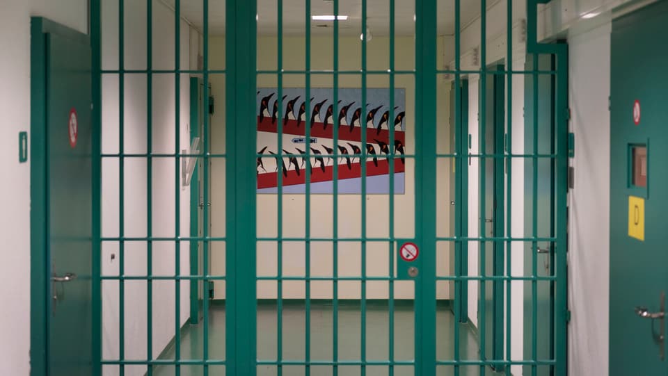 Gefängnisgang, den ein grünes Gitter zweiteilt, rechts und links gehen grüne Zellentüren ab