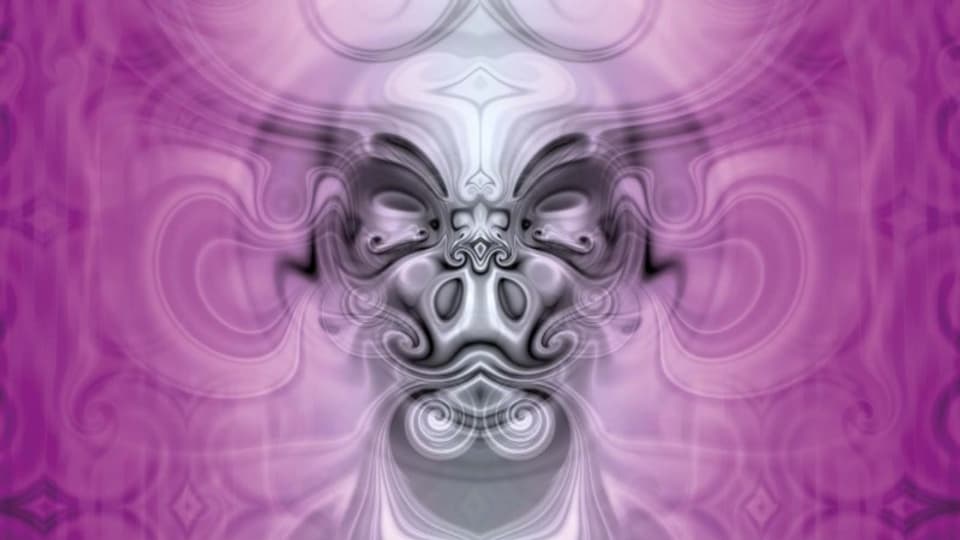 Eine Illustration eines maskenartiken Gesichts auf violettem Hintergrund.