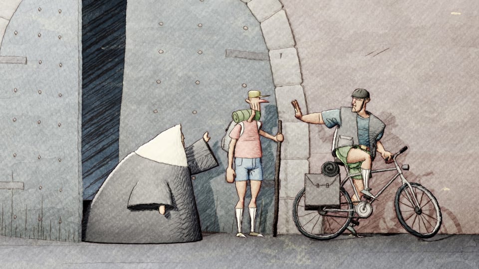 Zeichnung: eine Nonne, ein Wanderer und ein Radfahrer vor einem grossen Tor.