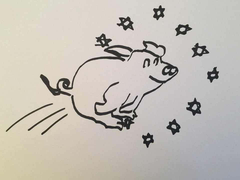 Ein Schweinz springt durch einen Ring mit EU-Sternen