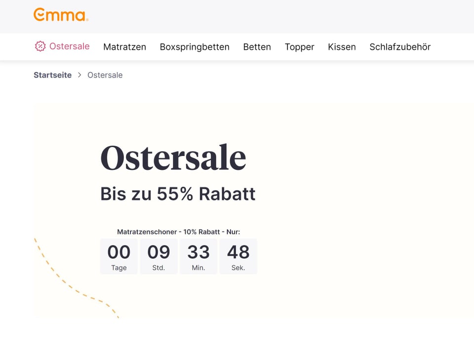 Screenshot von der Seite von Emma Schweiz, wo einen Osterrabatt angeboten wird.