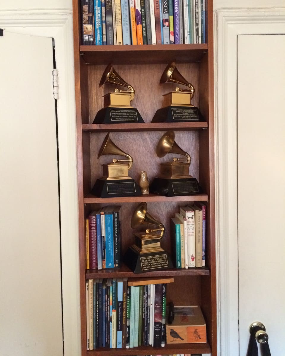 In einem Bücherregal stehen zwischen den Büchern fünf Grammies, Musikpreise.