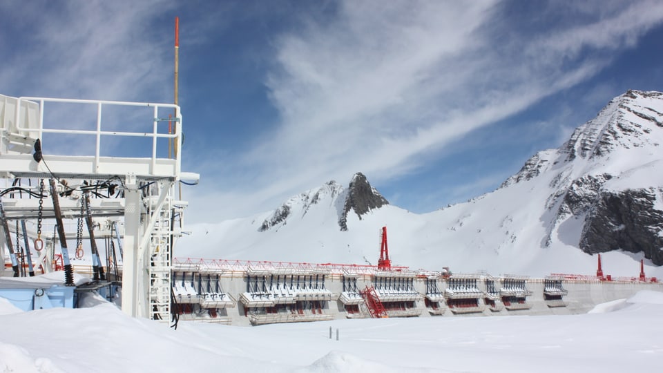 Die ersten Teilstücke der riesigen Staumauer sieht man auch trotz dem vielen Schnee, der hier auf dem Gelände liegt. Der Himmel ist blau, die Sonne scheint.