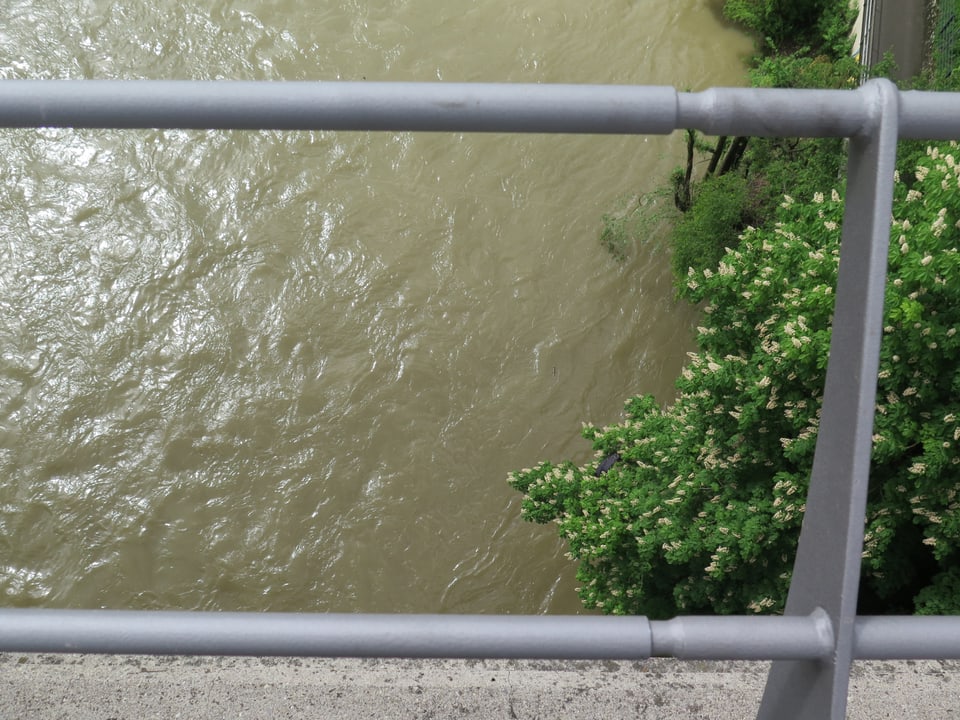 Blick von Brückengeländer auf Stangen, unten ist der Fluss.